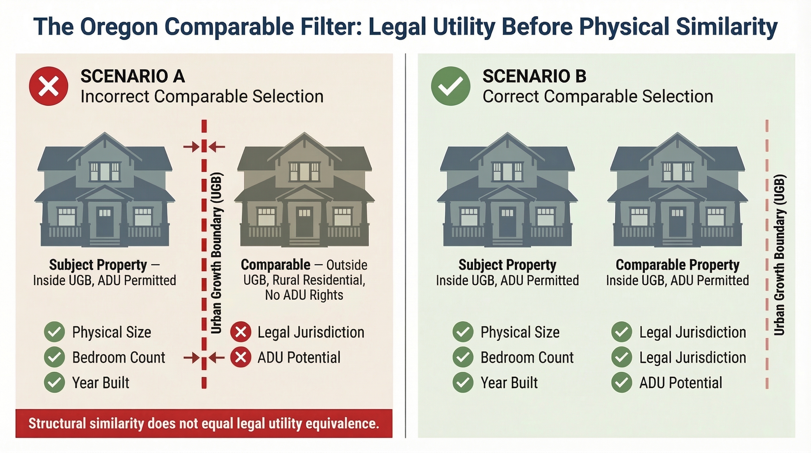 Side-by-side illustration comparing incorrect and correct comparable selection in Oregon. The incorrect example shows two physically similar homes separated by the Urban Growth Boundary with mismatched legal attributes. The correct example shows two homes within the same legal jurisdiction sharing equivalent utility rights including ADU eligibility.