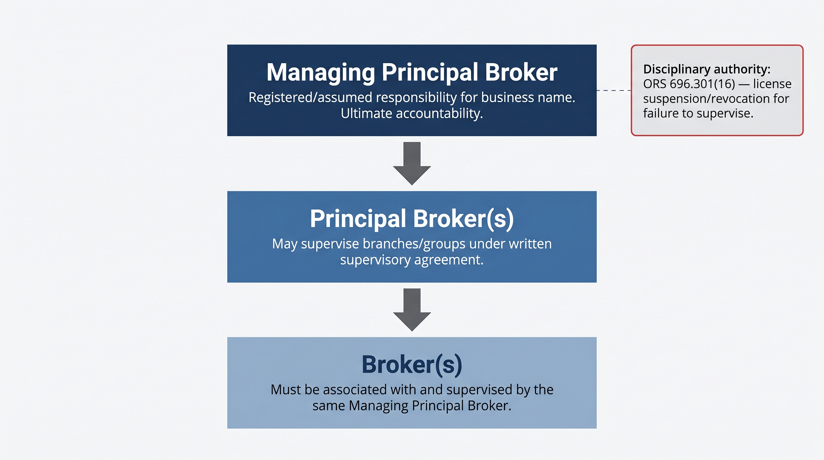 Organizational hierarchy diagram showing the chain of command under HB 3137: Managing Principal Broker at the top with ultimate accountability, Principal Brokers in the middle who may supervise under written agreements, and Brokers at the bottom who must be associated with and supervised by the Managing Principal Broker. A callout notes disciplinary authority under state law.