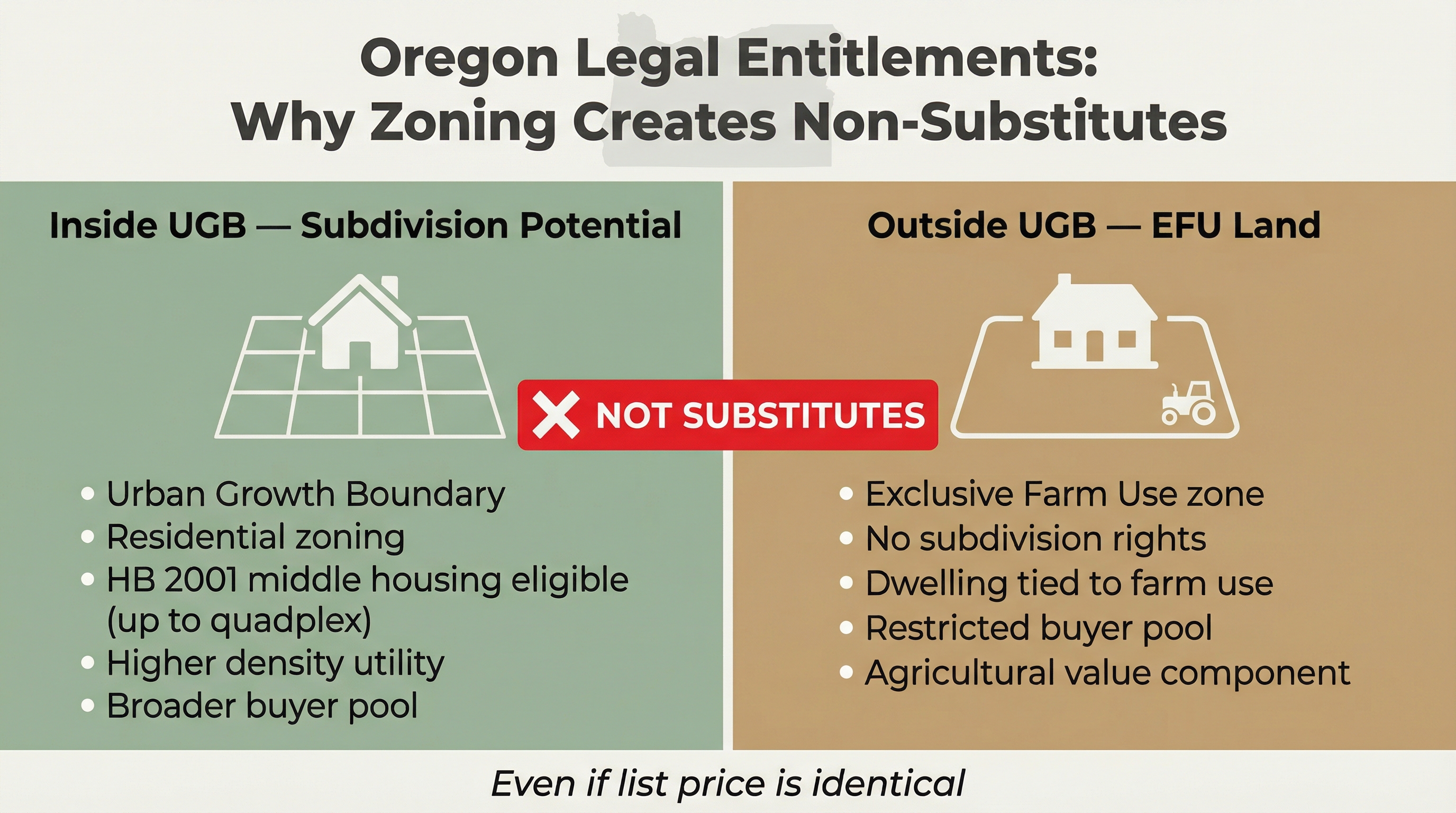 Side-by-side infographic contrasting a property inside Oregon's Urban Growth Boundary with subdivision potential against a property on Exclusive Farm Use land outside the UGB, labeled as non-substitutes despite potential price similarity.