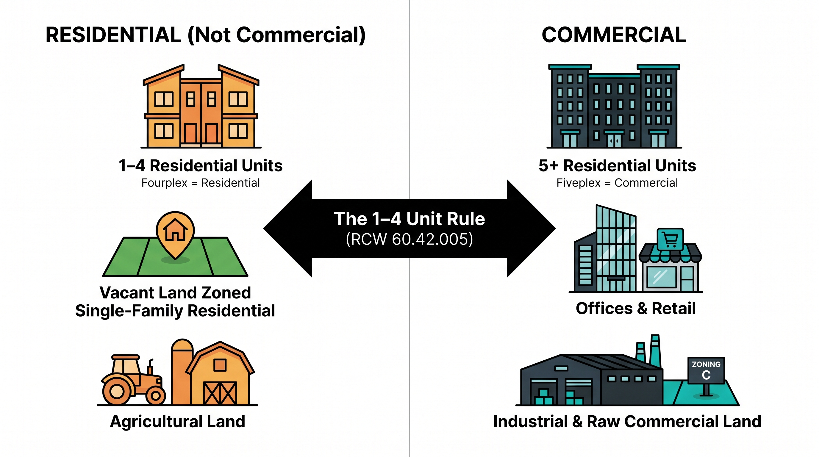 Infographic comparing Washington State's statutory definitions of residential versus commercial real estate, highlighting the 1-4 unit rule where properties with four or fewer residential units are classified as residential and properties with five or more units are classified as commercial, along with exclusions for vacant single-family-zoned land and agricultural land.
