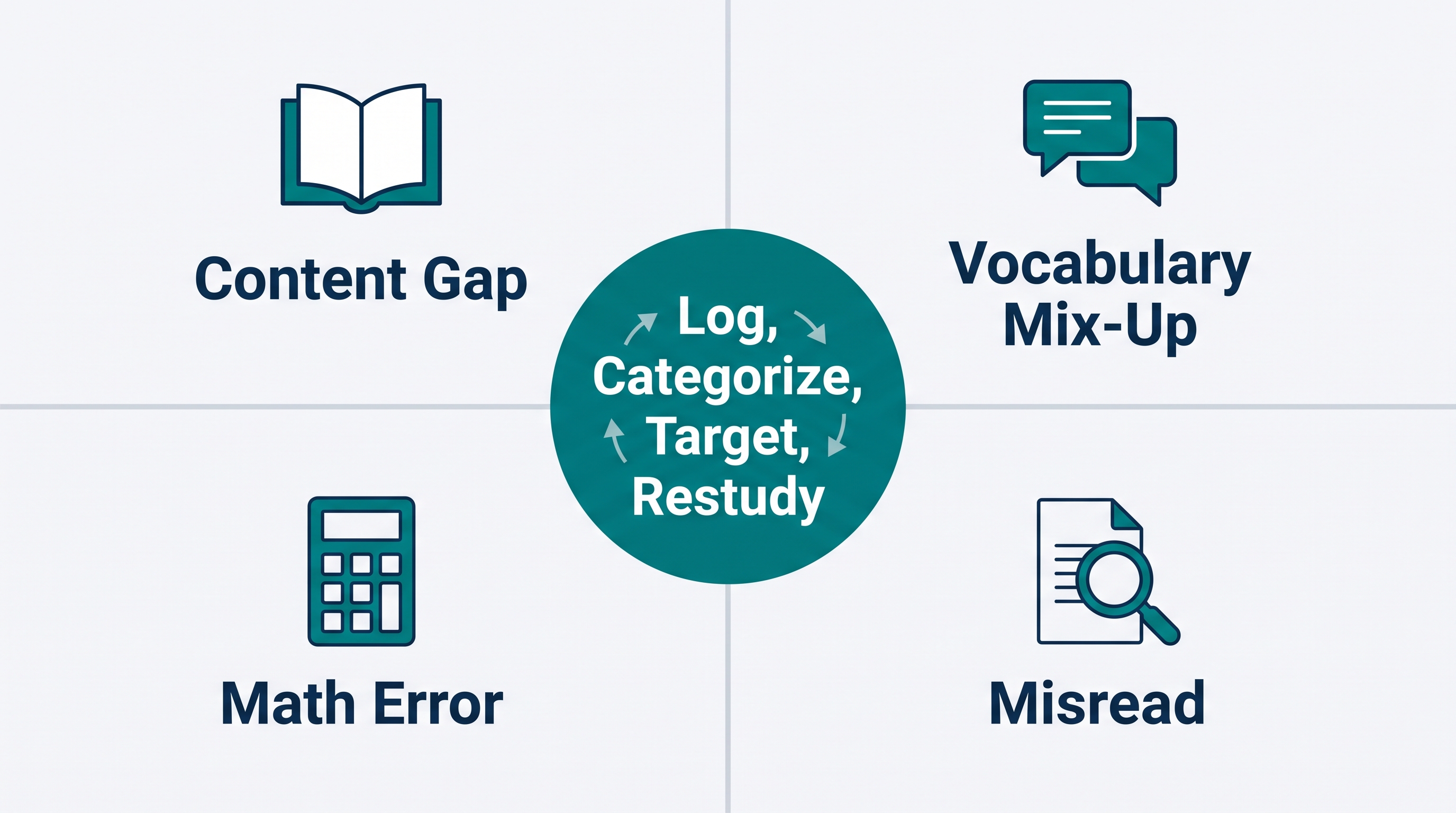 Four-quadrant diagram showing how to categorize practice exam errors into Content Gap, Vocabulary Mix-Up, Math Error, and Misread categories